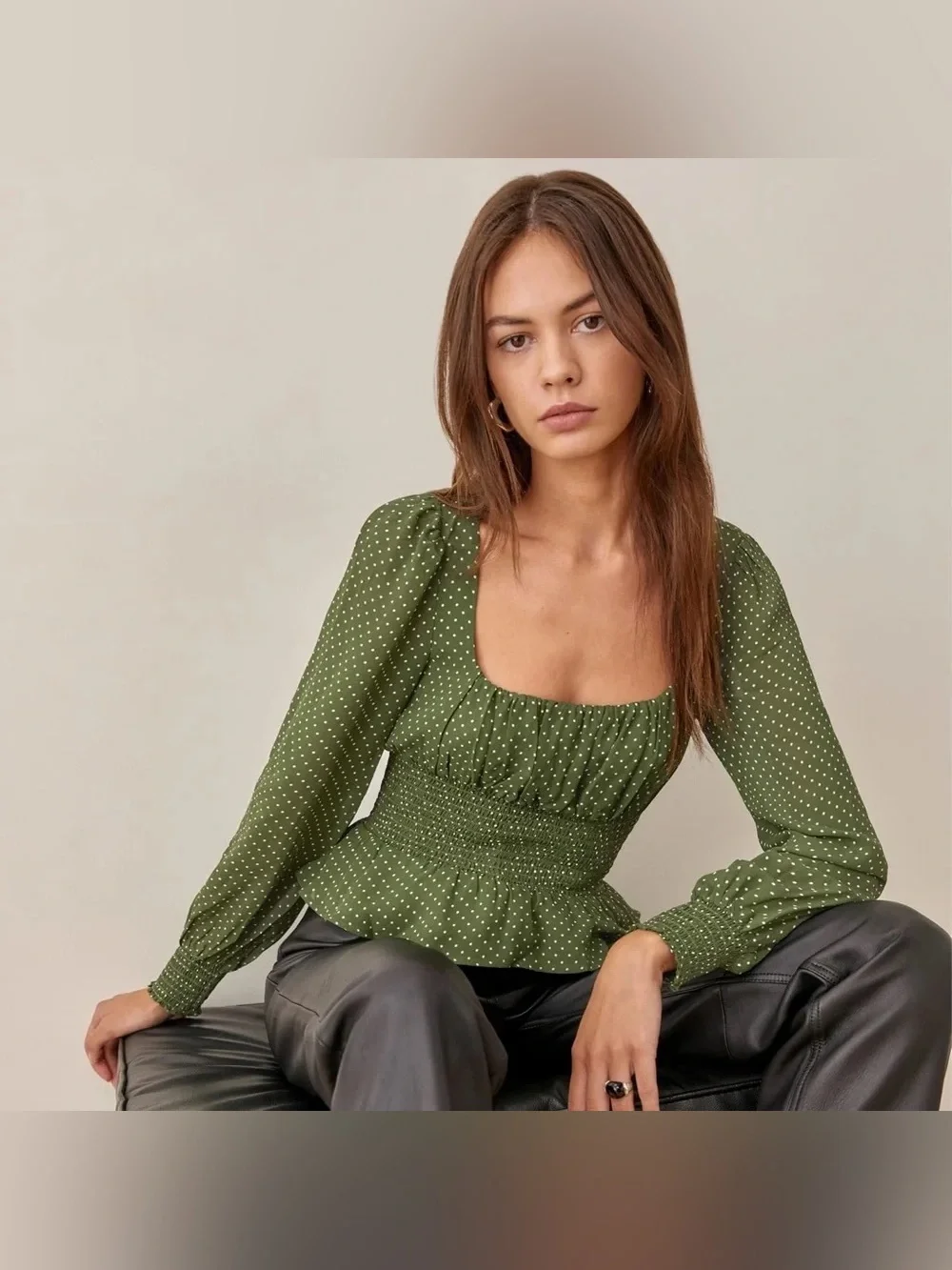 Reformation Hearth Green Polka Dot Smocked Blouse